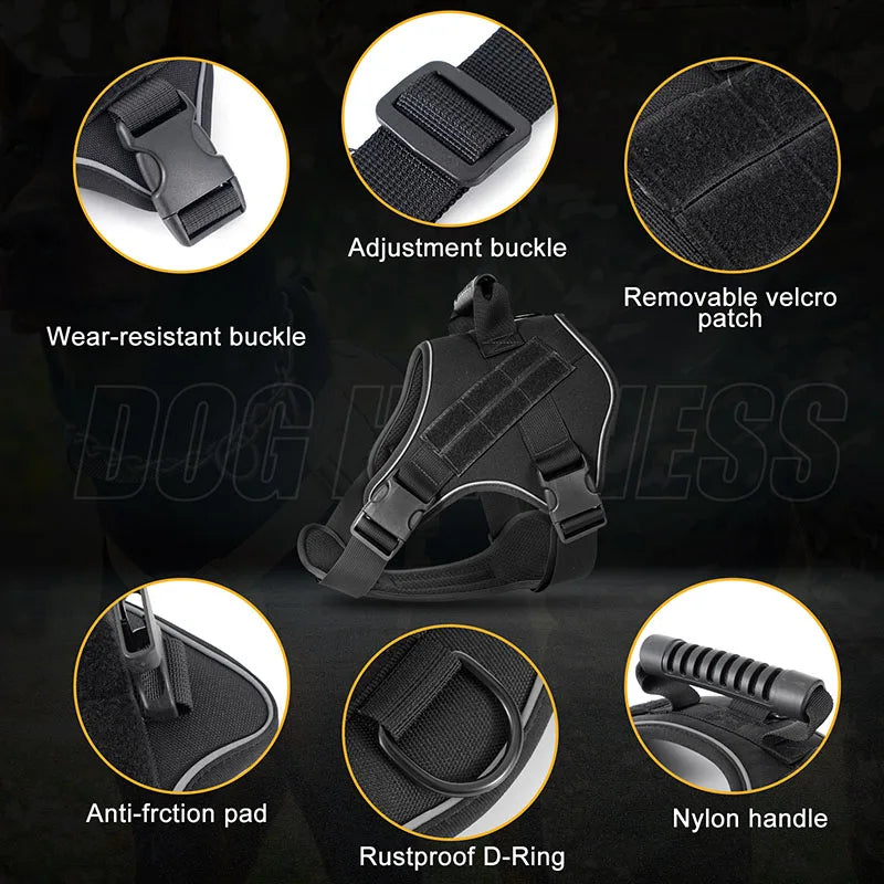 Heavy Duty Tactical Dog Harness for Large Dogs  No Pull Adjustable Pet Harness Reflective Service Training Easy Control Pet Vest