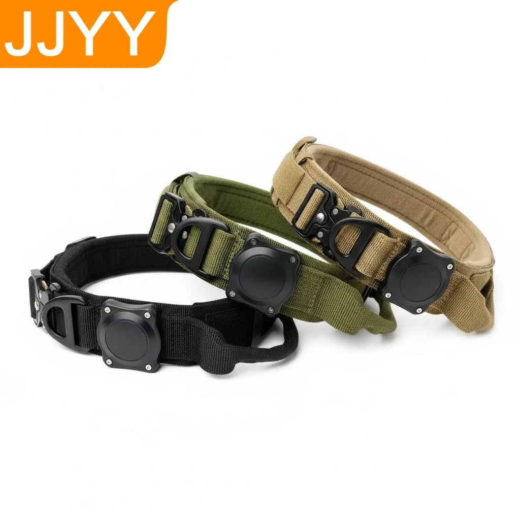 Adjustable Metal Buckle Dog Collar with Handle for AirTag Suitable for Large and Medium Dogs Military Style