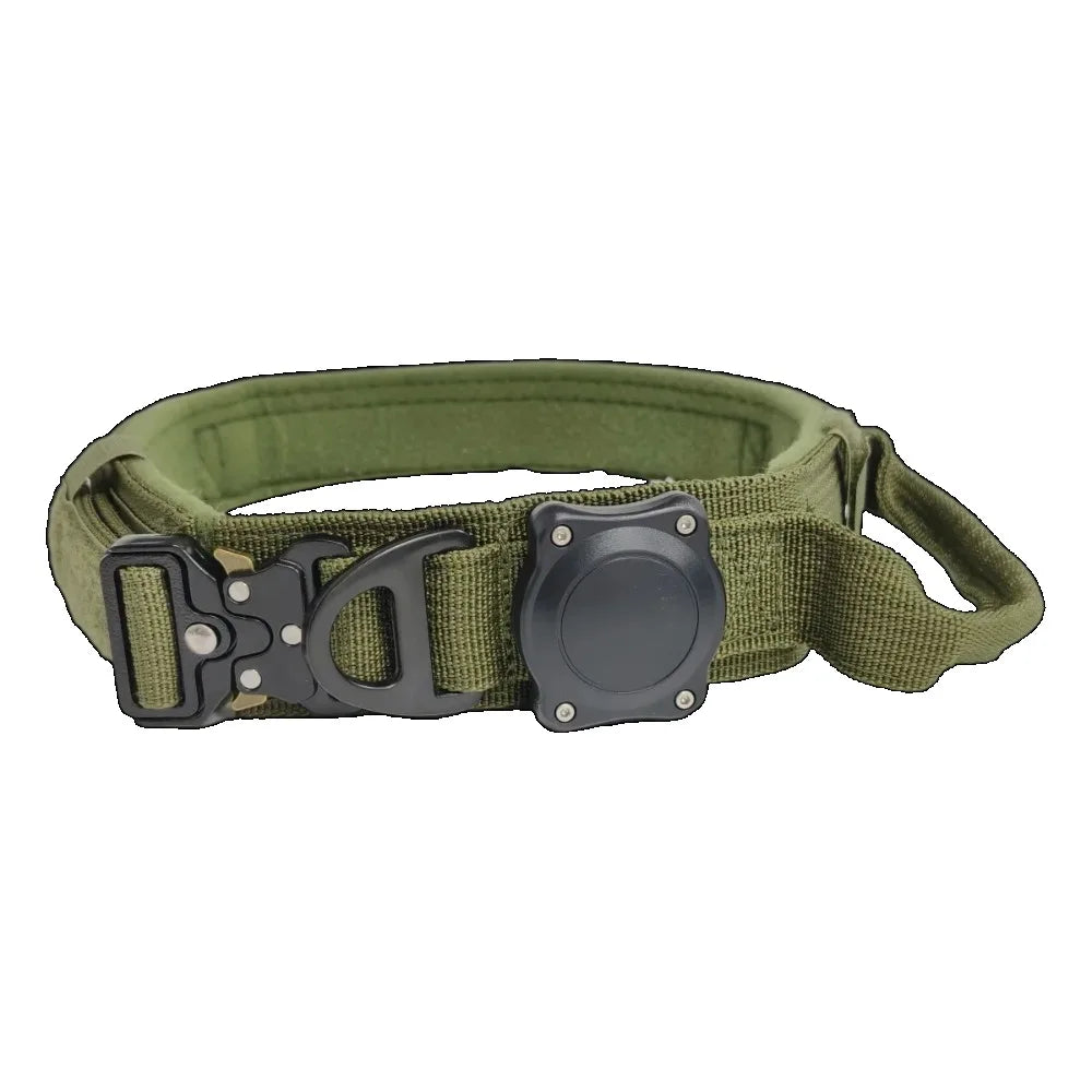 Adjustable Metal Buckle Dog Collar with Handle for AirTag Suitable for Large and Medium Dogs Military Style