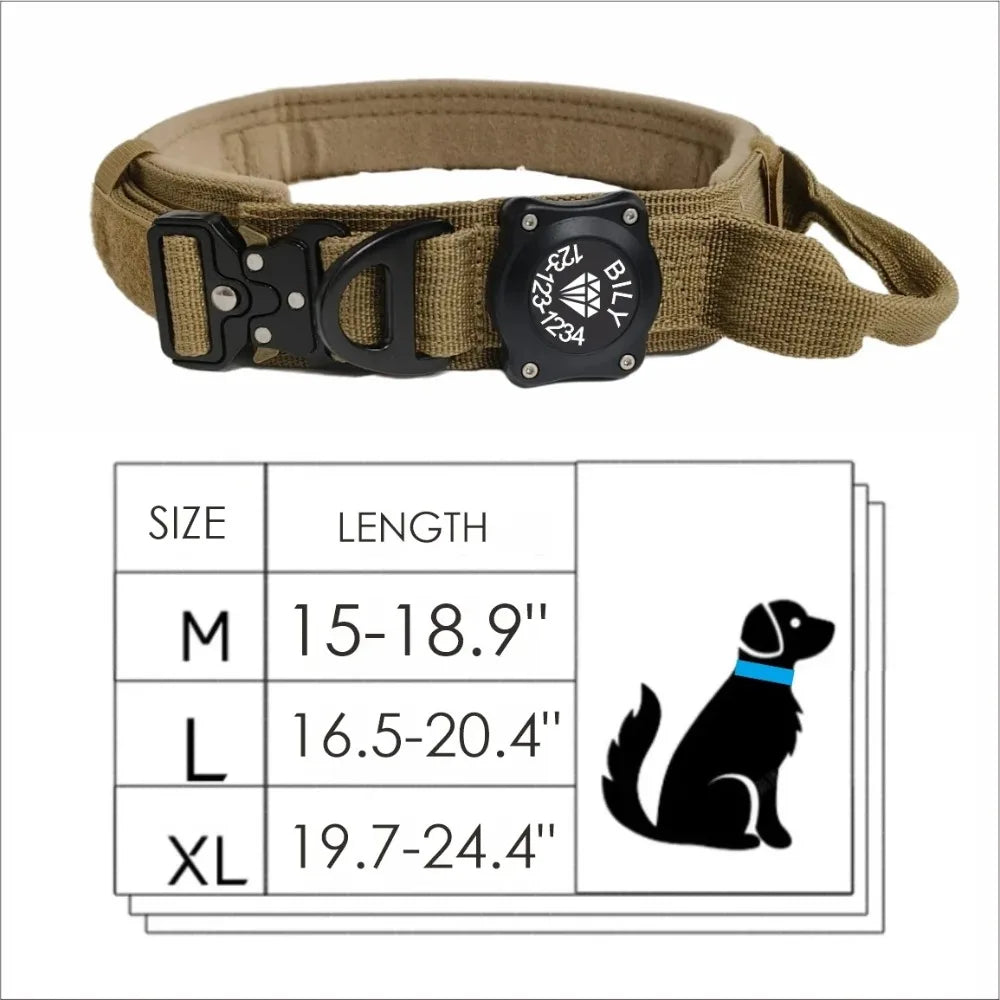 Adjustable Metal Buckle Dog Collar with Handle for AirTag Suitable for Large and Medium Dogs Military Style