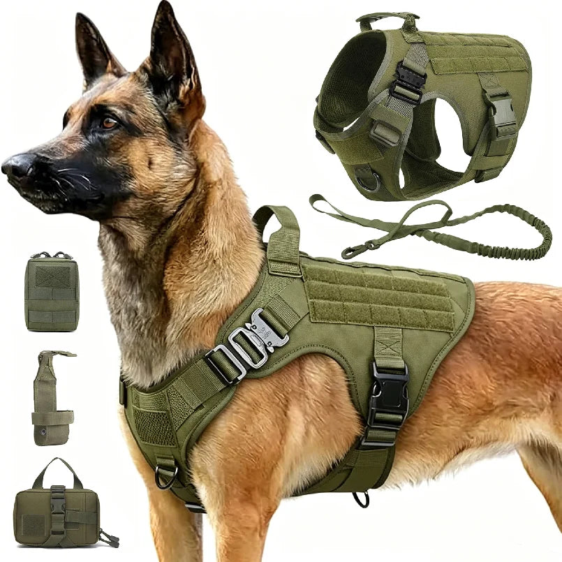 Tactical Dog Harness Leash Collar Molle Pouches for Medium Large Dogs Training Military Pet Vest Adjustable Service Dog Harness