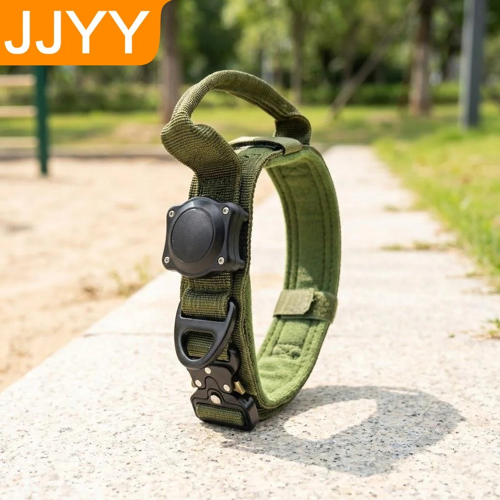 Adjustable Metal Buckle Dog Collar with Handle for AirTag Suitable for Large and Medium Dogs Military Style